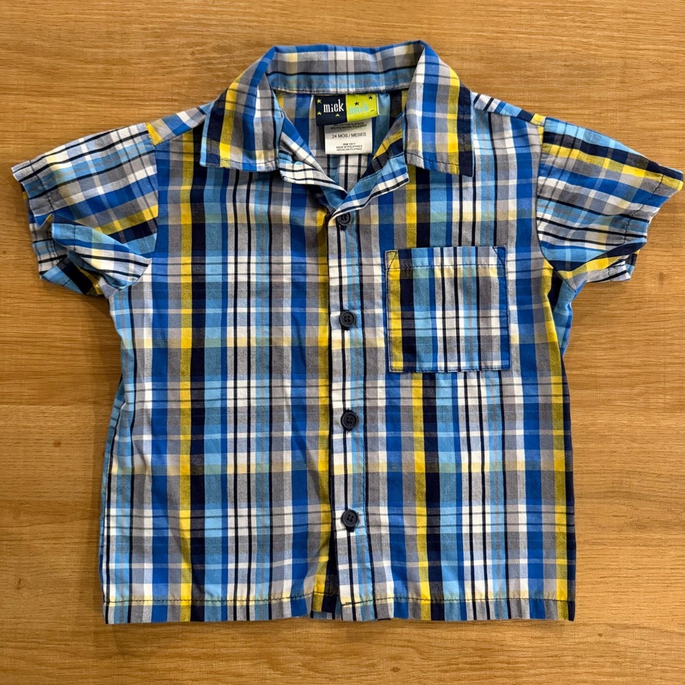 Mick Mack Toddler Boys Blue Yellow Plaid Short Sleeve Button Down Shirt 24 Mo
